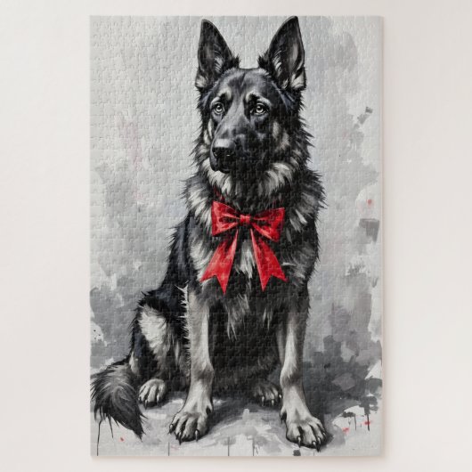Puzzle Chien Berger Allemand Nœud Rouge de la Saint-Valen (Vertical)