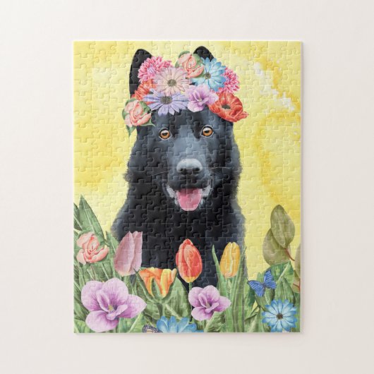 Puzzle Chien berger allemand noir avec fleurs printemps (Vertical)
