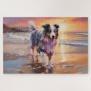 Puzzle Chien berger australien sable sur coucher de solei