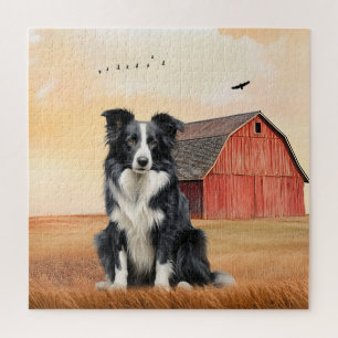 Puzzle Chien Border Collie et Ranch à grange rouge