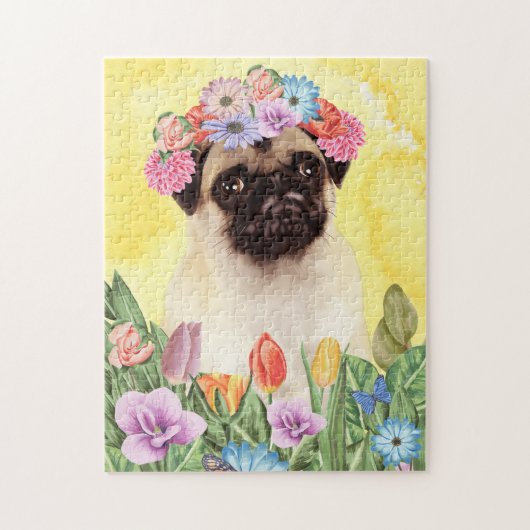 Puzzle Chien carlin avec fleurs Printemps (Vertical)