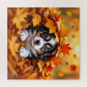 Puzzle Chien chic mignon dans les feuilles d'automne (Horizontal)