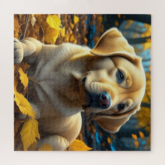 Puzzle Chien chiot jouant dans les feuilles d'automne (Horizontal)