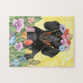 Puzzle Chien Dachshund avec ressort de fleurs (Horizontal)