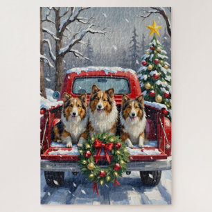 Puzzle Chien de berger des Shetland camion rouge de Noël