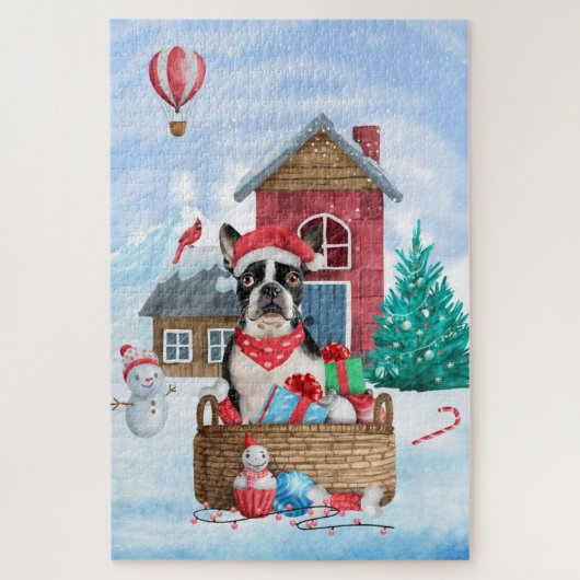 Puzzle Chien de Boston Terrier dans la neige Maison de Ch (Vertical)