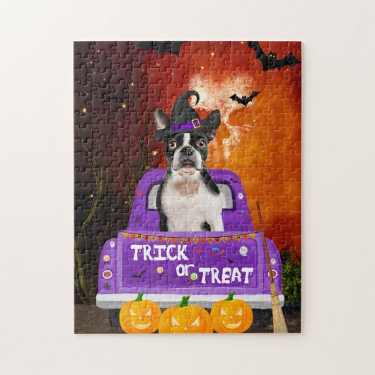 Puzzle Chien de Boston Terrier dans un camion Halloween (Vertical)