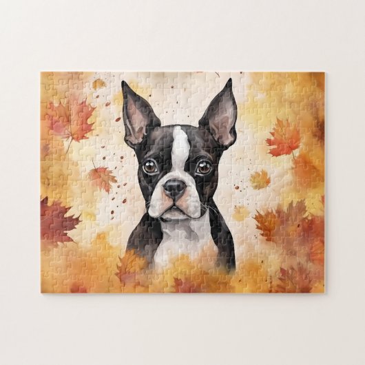 Puzzle Chien de Boston Terrier mignon/automne/automne (Horizontal)