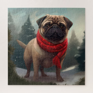 Puzzle Chien de carlin en Noël de neige