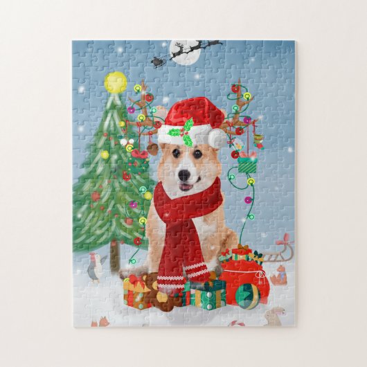 Puzzle Chien de Corgi en neige avec cadeaux de Noël (Vertical)