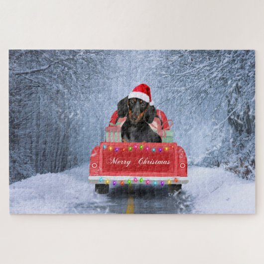 Puzzle Chien de Dachshund en neige assis sur un camion de (Horizontal)