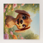 Puzzle Chien de dessin animé joyeux dans un champ de fleu (Horizontal)