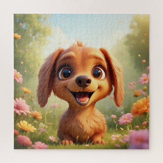 Puzzle Chien de dessin animé joyeux dans un champ de fleu (Vertical)