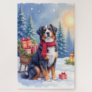 Puzzle Chien de montagne de Berne aquarelle traîneau Noël