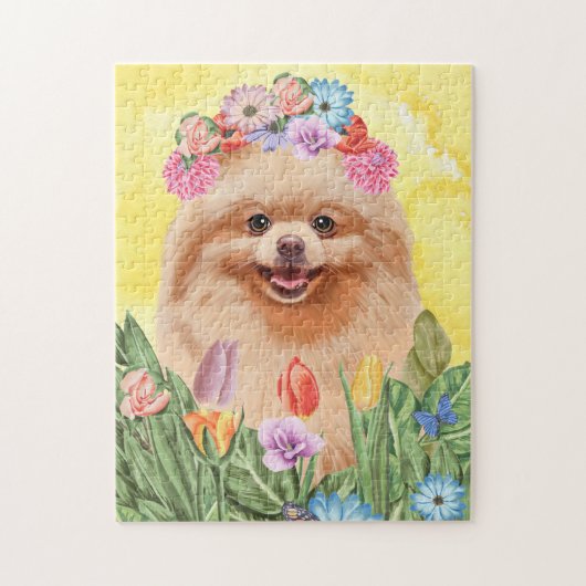 Puzzle Chien de Poméranie avec Fleurs Printemps (Vertical)