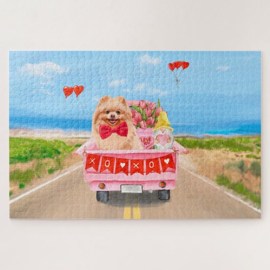 Puzzle Chien de Poméranie Saint Valentin Coeurs de Camion (Horizontal)