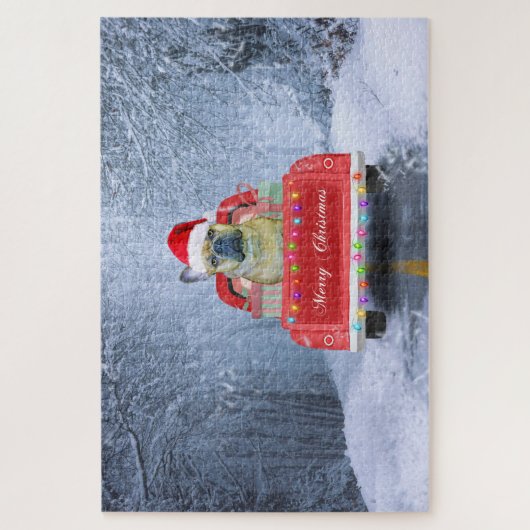 Puzzle Chien de taureau français en neige assis dans un c (Vertical)