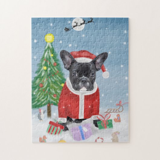 Puzzle Chien de taureau français en neige avec cadeaux de (Vertical)