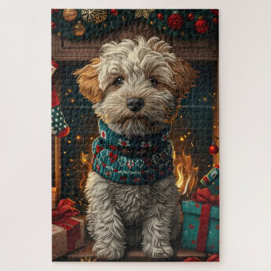 Puzzle Chien de Terrier avec des cadeaux de Noël cheminée (Vertical)