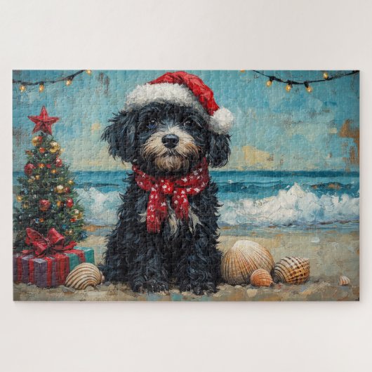 Puzzle Chien d'eau portugais Noël Plage Vintage (Horizontal)