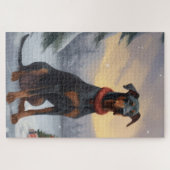 Puzzle Chien Doberman pendant Noël de neige (Horizontal)