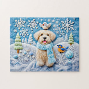 Puzzle Chien en feutre dans une scène hivernale enneigée