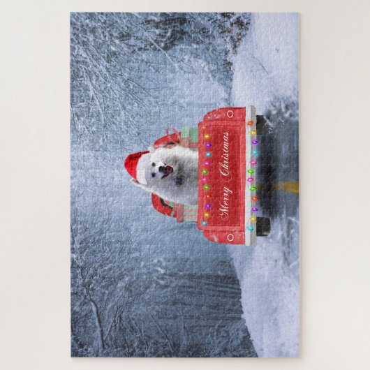 Puzzle Chien Eskimo américain en neige assis à Noël (Vertical)
