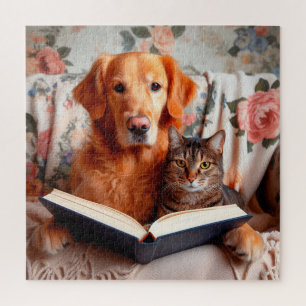 Puzzle Chien et chat lisant un livre