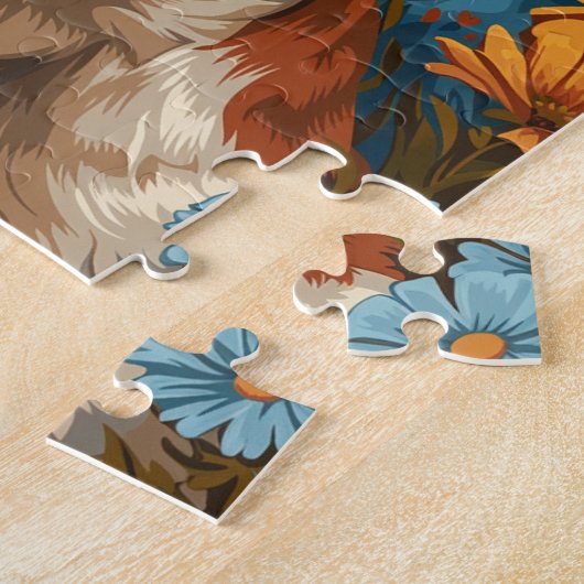 Puzzle Chien et fleurs Brown et blancs mignons (Côté)