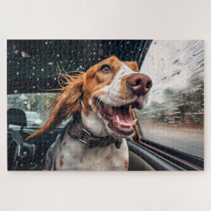 Puzzle Chien excité sur Rainy Car Ride Art