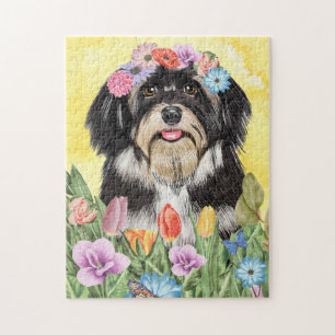 Puzzle Chien Havanais avec fleurs Printemps