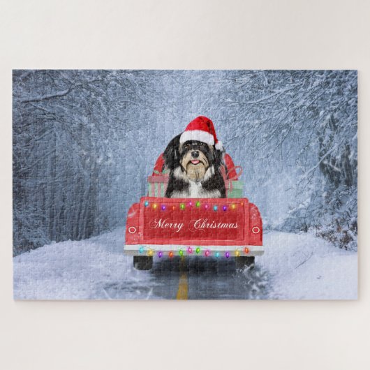 Puzzle Chien Havanais en neige assis sur un camion de Noë (Horizontal)
