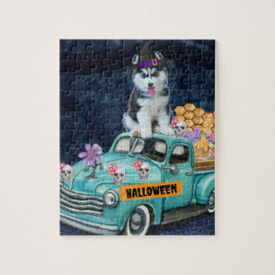 Puzzle Chien Husky Sibérien Halloween Camion Nuit Effraya