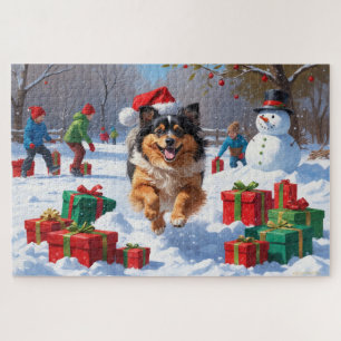 Puzzle Chien Keeshond courant dans la neige avec un chape
