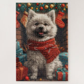 Puzzle Chien Keeshoné avec les cadeaux de Noël cheminée (Vertical)