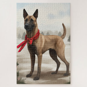 Puzzle Chien Malinois Belge dans la neige Noël