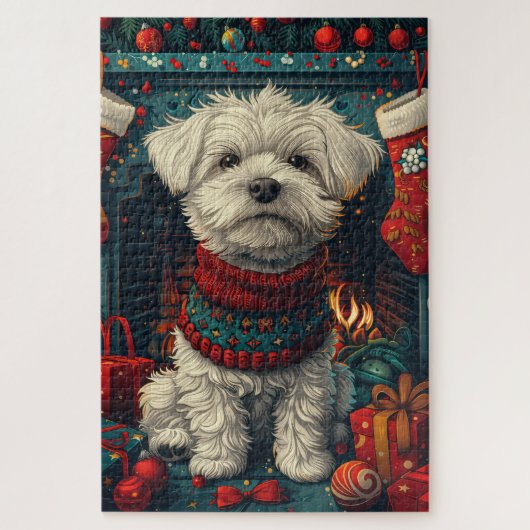 Puzzle Chien Maltais Avec Cheminée Cadeaux De Noël (Vertical)