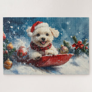 Puzzle Chien maltais en traîneau Laissez neige Noël