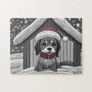 Puzzle Chien mignon avec Père Noël avait dans la neige