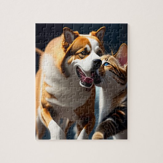 Puzzle Chien mignon et chat jouant (Vertical)
