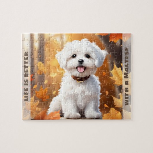 Puzzle Chien mignon Maltais Chiot Citrouille Automne Nom  (Horizontal)