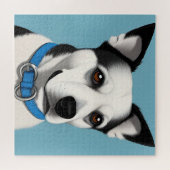 Puzzle Chien noir et blanc avec collier bleu (Horizontal)