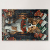 Puzzle Chien Papillon avec des cadeaux de Noël Cheminée (Horizontal)