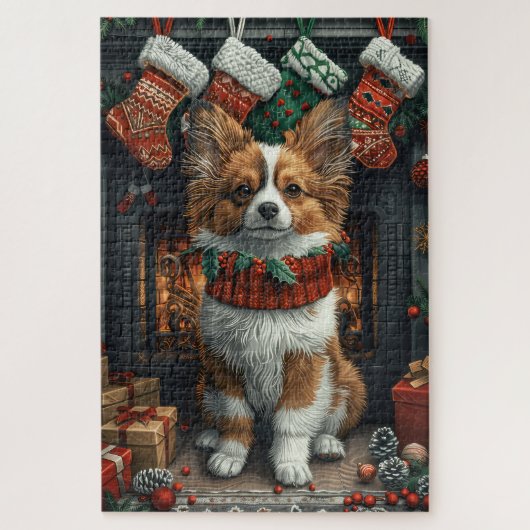 Puzzle Chien Papillon avec des cadeaux de Noël Cheminée (Vertical)