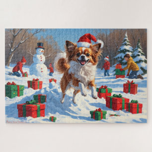 Puzzle Chien Papillon courant dans la neige avec un chape