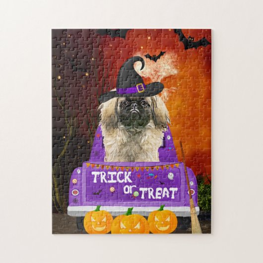 Puzzle Chien pekingese dans le camion Halloween (Vertical)