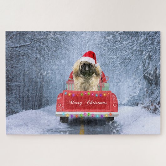 Puzzle Chien pekingese en neige assis sur un camion de No (Horizontal)