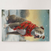 Puzzle Chien Pitbull dans la neige de Noël (Horizontal)