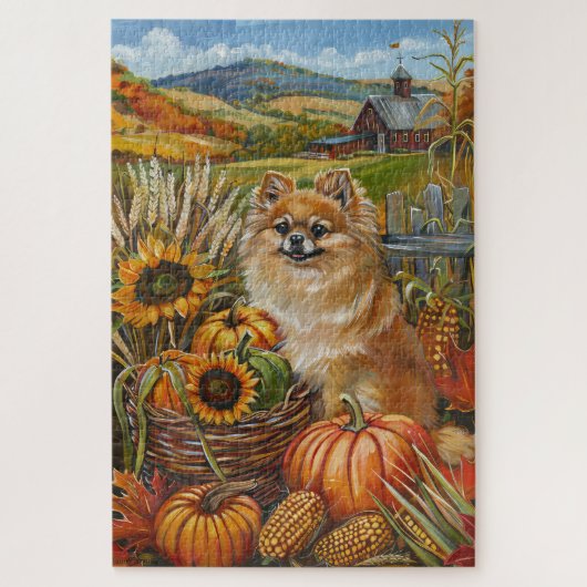 Puzzle Chien Poméranie récolte d'automne Thanksgiving (Vertical)