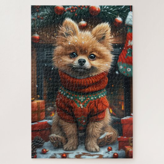 Puzzle Chien Poméranien avec des cadeaux de Noël cheminée (Vertical)
